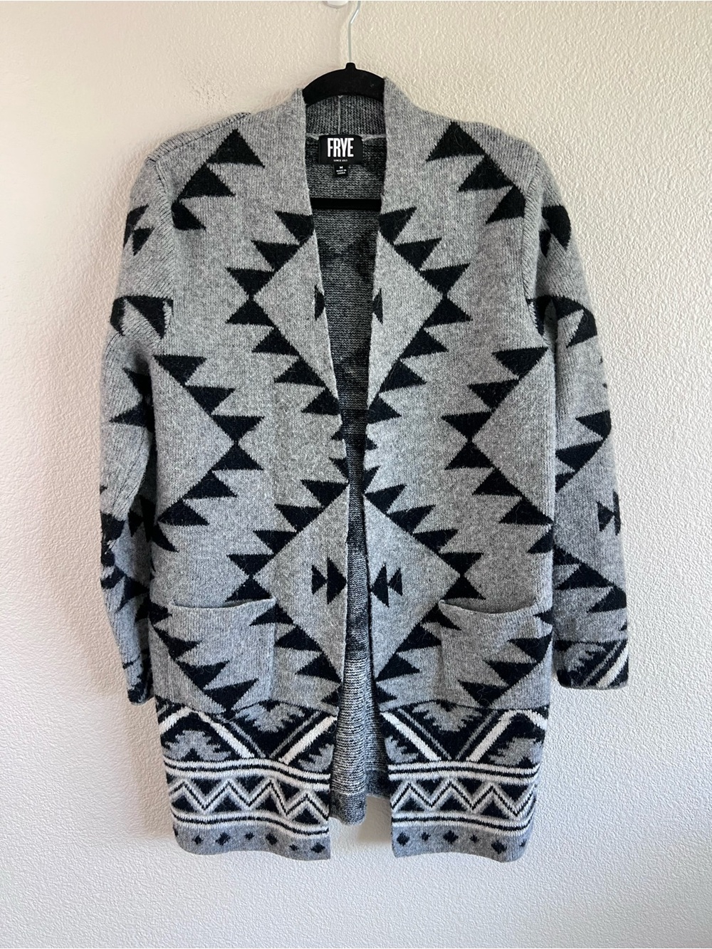 Frye Women's Open Front Cardigan Patch Pockets Aztec Print Jacquard Knit